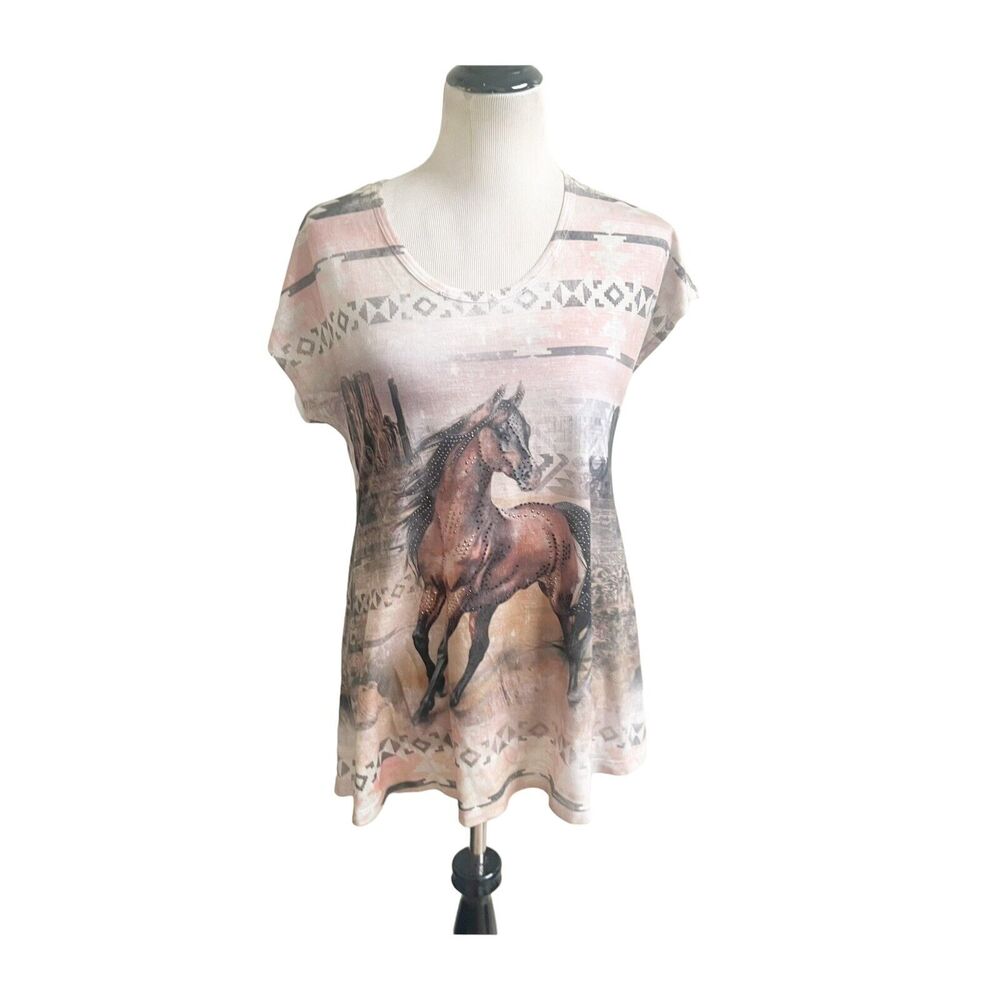 Rhinestone Horse T-Shirt Western Novelty Brown Size Medium